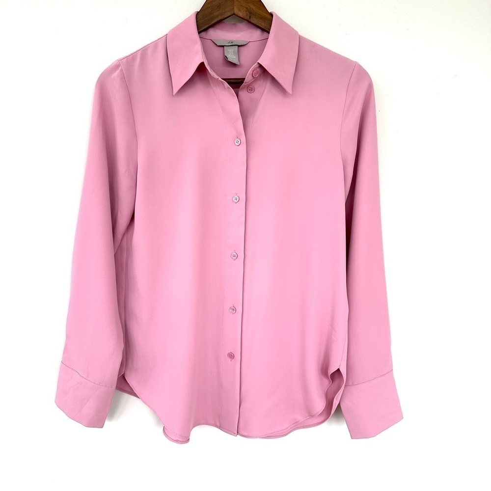 H&M  button down shirt with long sleeves, loose fit, shaped hem, polyester